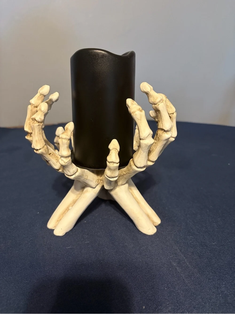 Spooky Halloween Skeleton Hands Table Top Candle Holder With LED Black Candle.